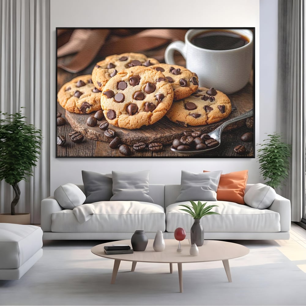 Tablou canvas cu tablou canvas cu fursecuri si cafea, in rama de aluminiu negru, pe perete intr-un living